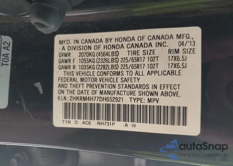 2013 Honda Cr-V Ex-L from USA, damaged, VIN 2HKRM4H77DH652921